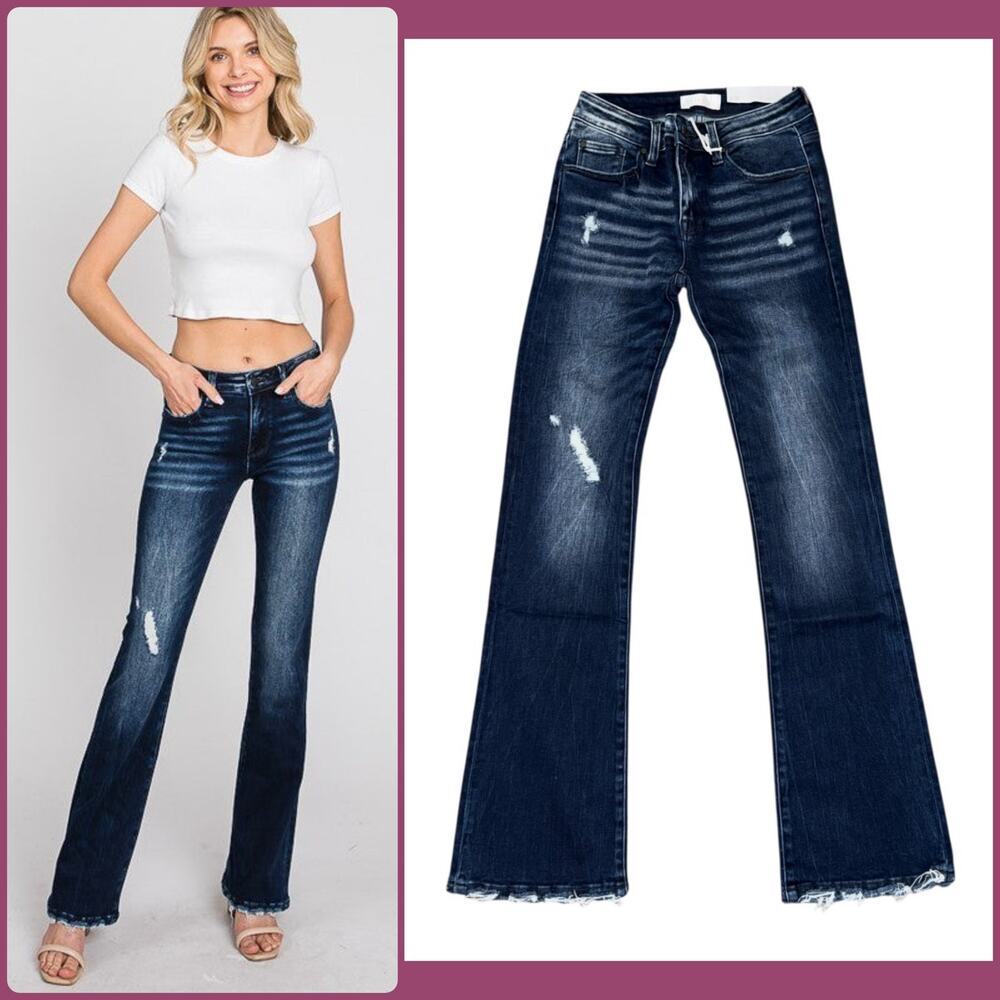 Petra Mid Rise Stretch Classic Bootcut Jeans Dark Wash Distressed Women’s Size 5